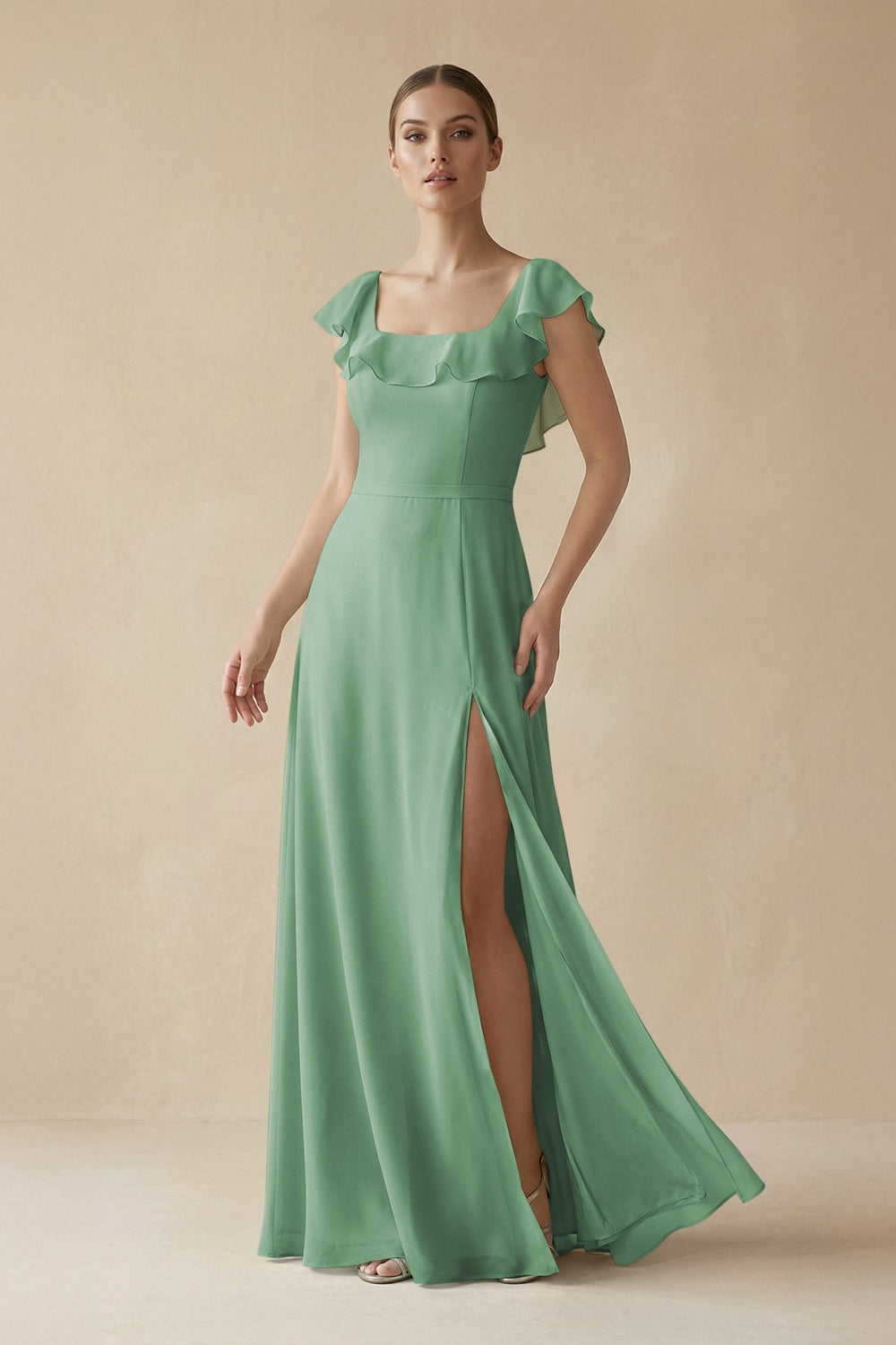 Square Neck A - Line Bridesmaid Dress with Ruffles in Sea Glass - KissProm Bridesmaid Dresses