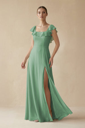 Square Neck A - Line Bridesmaid Dress with Ruffles in Sea Glass - KissProm Bridesmaid Dresses