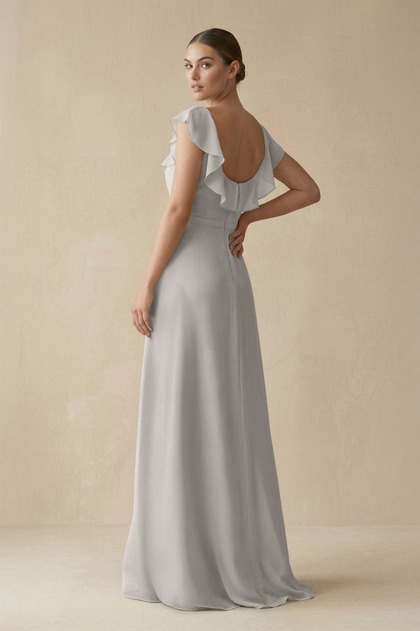Square Neck A - Line Bridesmaid Dress with Ruffles in Silver - KissProm Bridesmaid Dresses
