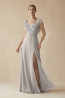 Square Neck A - Line Bridesmaid Dress with Ruffles in Silver - KissProm Bridesmaid Dresses