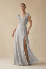 Square Neck A - Line Bridesmaid Dress with Ruffles in Silver - KissProm Bridesmaid Dresses