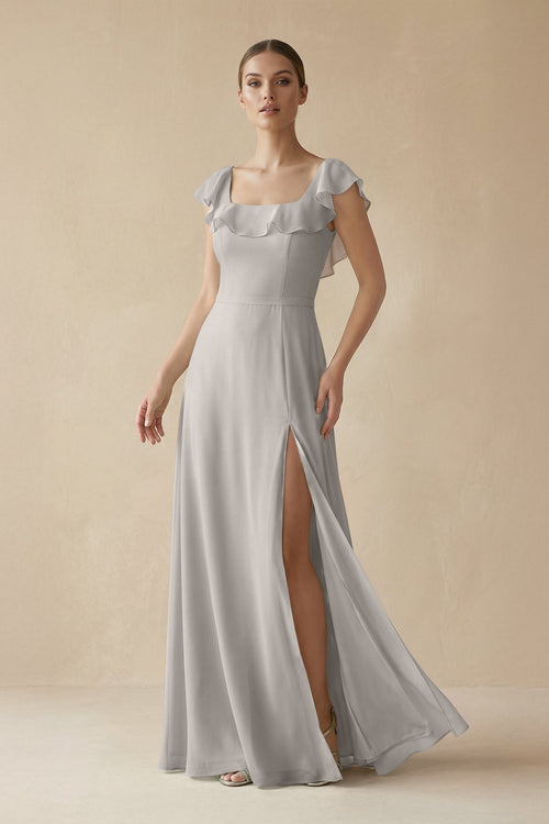Square Neck A - Line Bridesmaid Dress with Ruffles in Silver - KissProm Bridesmaid Dresses