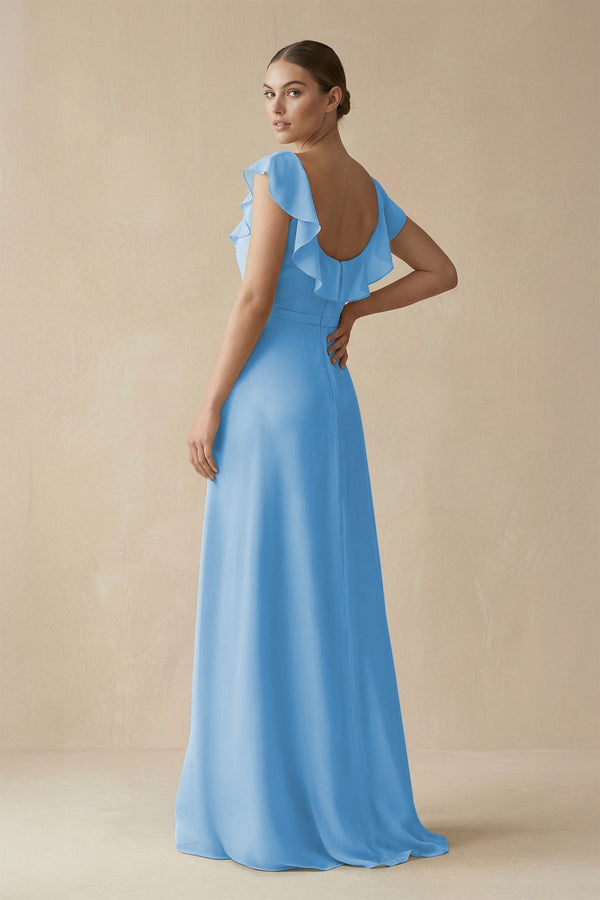 Square Neck A-Line Bridesmaid Dress with Ruffles in Steel Blue, Steel Blue / 16