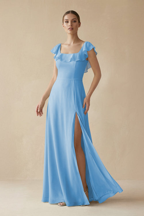KissProm Square Neck A-Line Bridesmaid Dress with Ruffles in Steel Blue, Steel Blue / 2