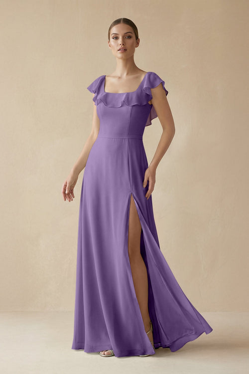 KissProm Square Neck A-Line Bridesmaid Dress with Ruffles in Tahiti, Tahiti / 18