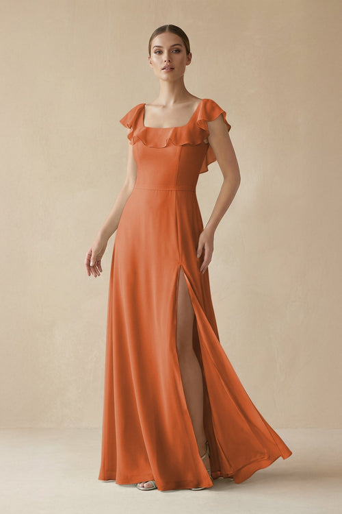 Square Neck A-Line Bridesmaid Dress with Ruffles in Terracotta, Terracotta / 20 Square Neck A-Line Bridesmaid Dress with Ruffles in Terracotta, Terracotta / 20
