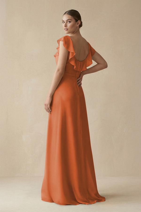KissProm Square Neck A-Line Bridesmaid Dress with Ruffles in Terracotta, Terracotta / 28