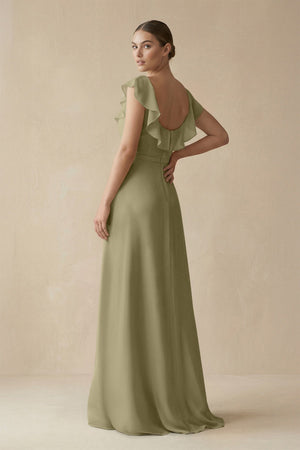 Square Neck A - Line Bridesmaid Dress with Ruffles in Thyme - KissProm Bridesmaid Dresses