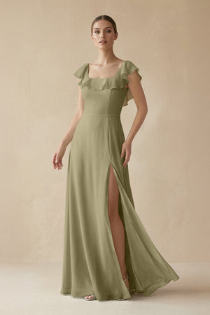 Square Neck A - Line Bridesmaid Dress with Ruffles in Thyme - KissProm Bridesmaid Dresses