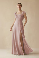 Square Neck A - Line Bridesmaid Dress with Ruffles in Toffee - KissProm Bridesmaid Dresses