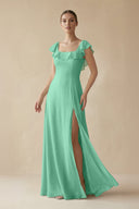 Square Neck A - Line Bridesmaid Dress with Ruffles in Turquoise - KissProm Bridesmaid Dresses