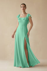 Square Neck A - Line Bridesmaid Dress with Ruffles in Turquoise - KissProm Bridesmaid Dresses