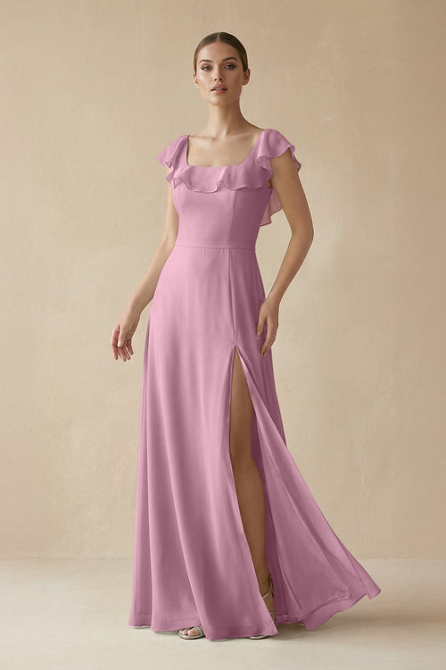 Square Neck A - Line Bridesmaid Dress with Ruffles in Vintage Mauve - KissProm Bridesmaid Dresses