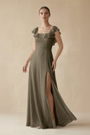 Square Neck A - Line Bridesmaid Dress with Ruffles in Willow Green - KissProm Bridesmaid Dresses