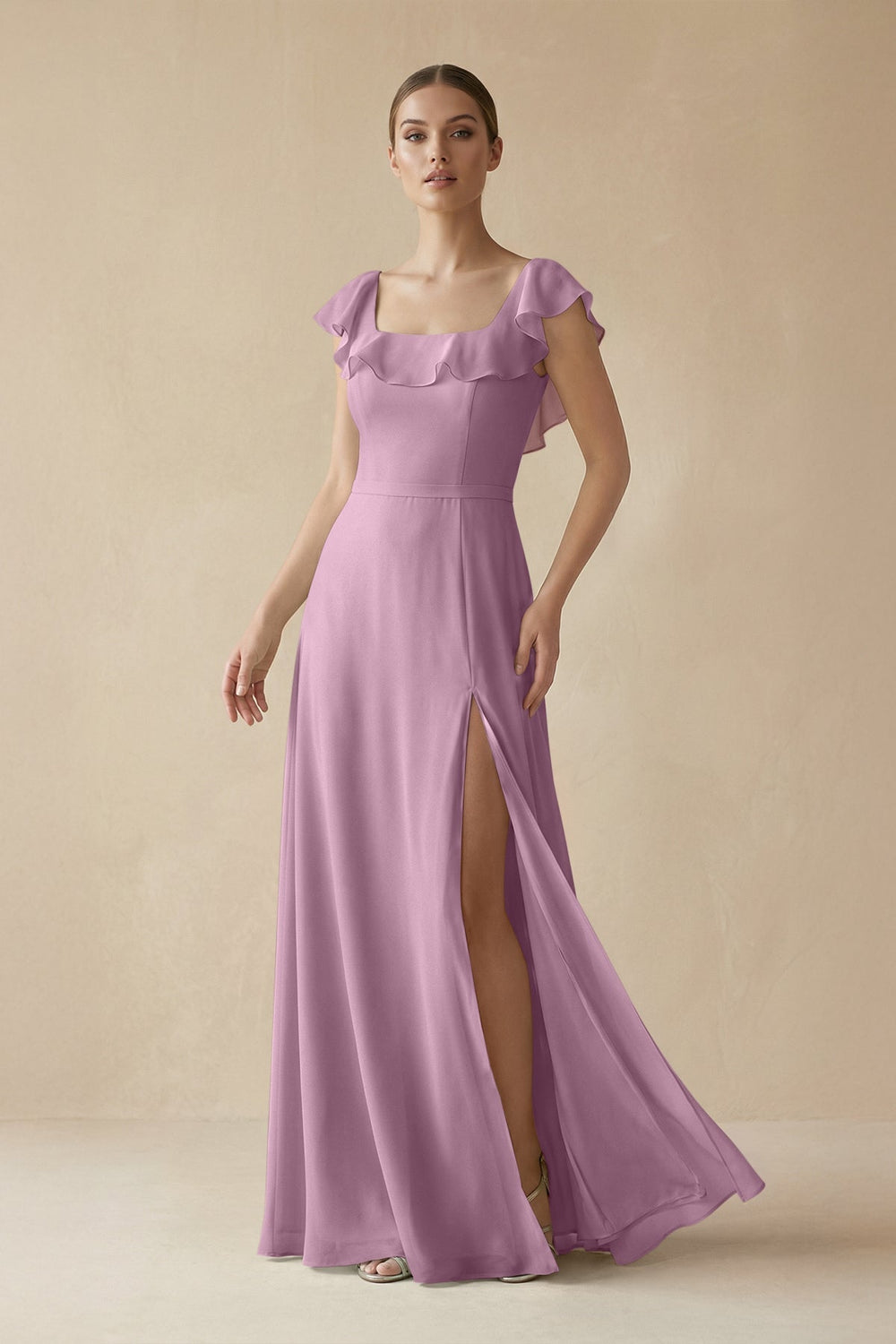Square Neck A - Line Bridesmaid Dress with Ruffles in Wisteria - KissProm Bridesmaid Dresses