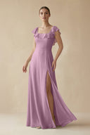 Square Neck A - Line Bridesmaid Dress with Ruffles in Wisteria - KissProm Bridesmaid Dresses