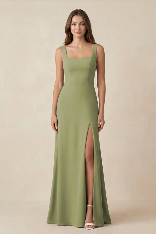 KissProm Square Neck A-Line Bridesmaid Dress With Slit in Moss Green, Moss Green / 12