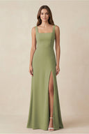 Square Neck A-Line Bridesmaid Dress With Slit in Moss Green - KissProm BRIDESMAID DRESSES