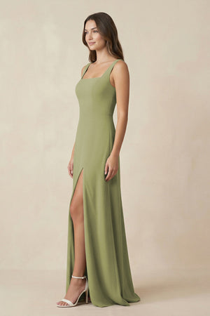 Square Neck A-Line Bridesmaid Dress With Slit in Moss Green - KissProm BRIDESMAID DRESSES