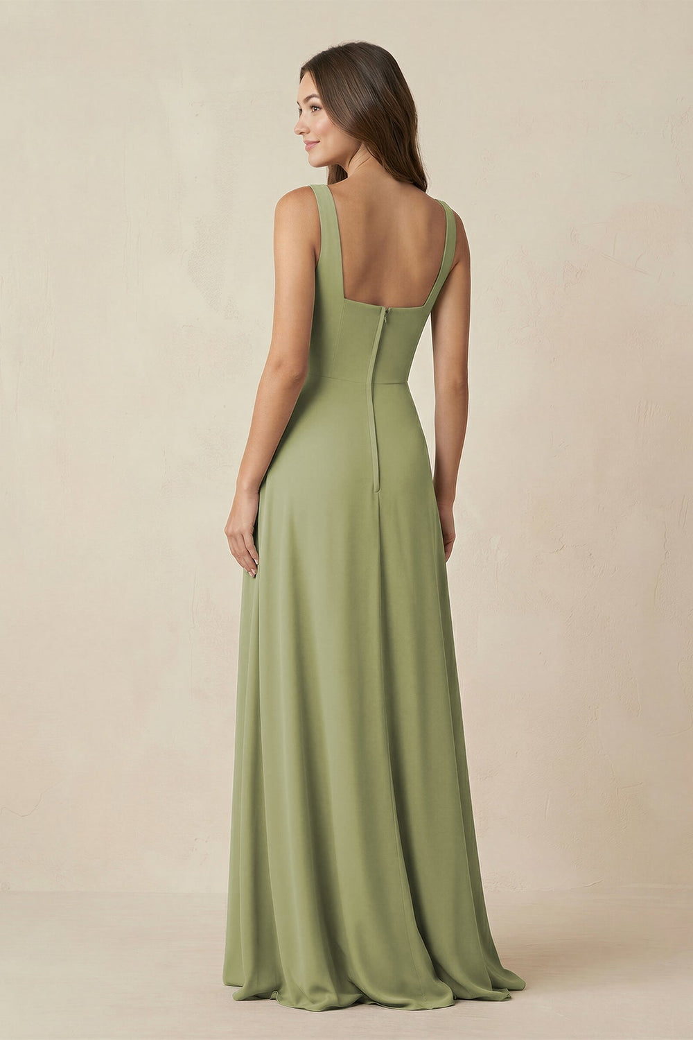 Square Neck A-Line Bridesmaid Dress With Slit in Moss Green - KissProm BRIDESMAID DRESSES