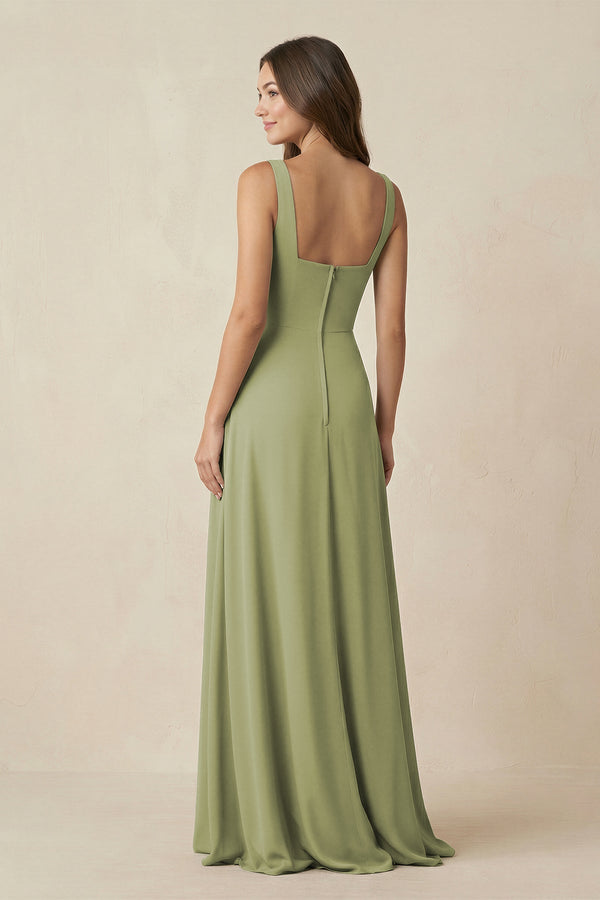 Square Neck A-Line Bridesmaid Dress With Slit in Moss Green - KissProm BRIDESMAID DRESSES