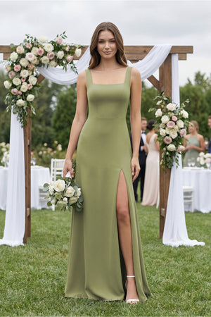Square Neck A-Line Bridesmaid Dress With Slit in Moss Green - KissProm BRIDESMAID DRESSES