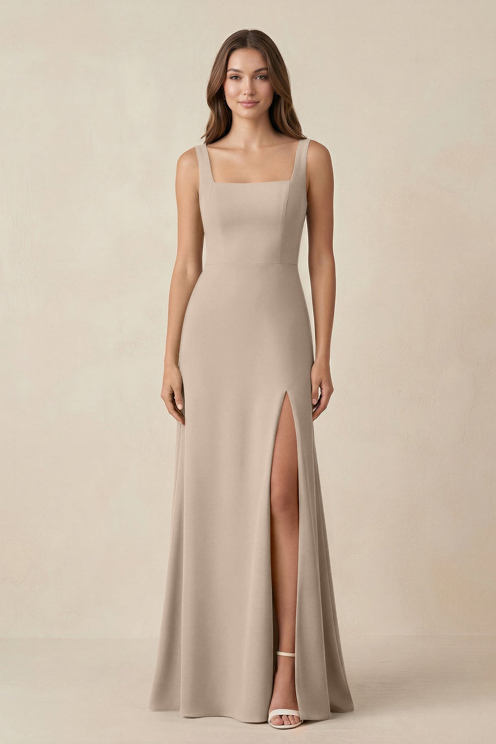 Square Neck A-Line Bridesmaid Dress With Slit in Almond - KissProm BRIDESMAID DRESSES
