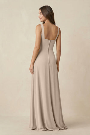 Square Neck A-Line Bridesmaid Dress With Slit in Almond - KissProm BRIDESMAID DRESSES