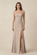 Square Neck A-Line Bridesmaid Dress With Slit in Almond - KissProm BRIDESMAID DRESSES