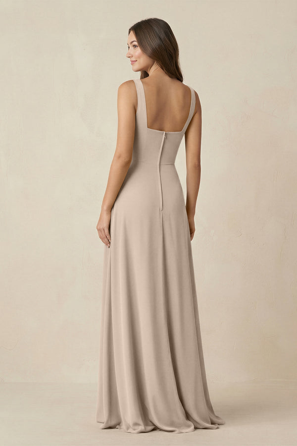 Square Neck A-Line Bridesmaid Dress With Slit in Almond - KissProm BRIDESMAID DRESSES
