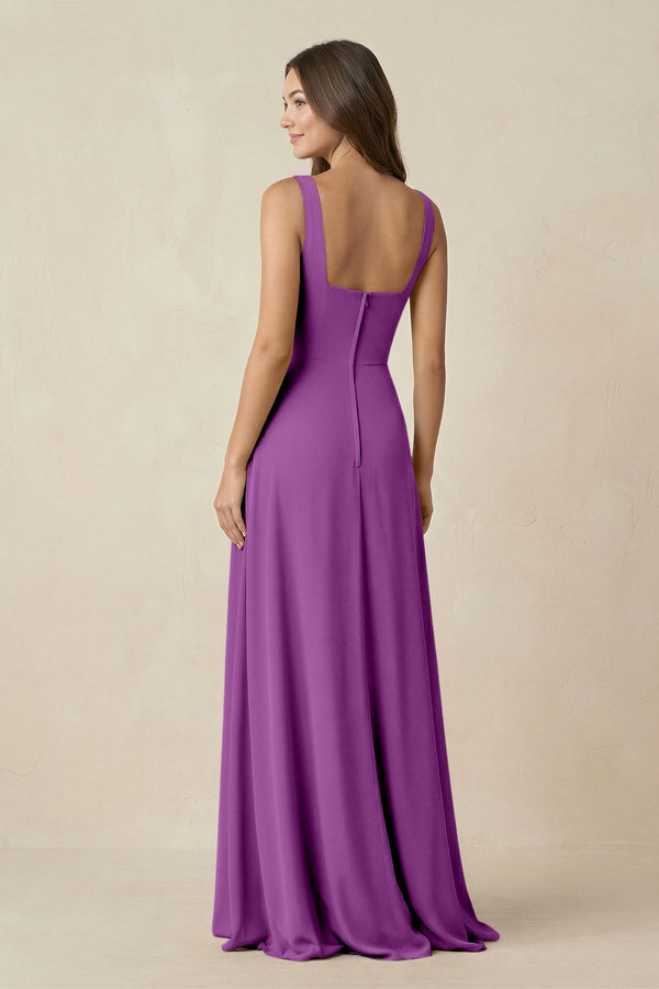 Square Neck A-Line Bridesmaid Dress With Slit in Amethyst - KissProm BRIDESMAID DRESSES