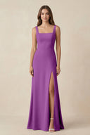 Square Neck A-Line Bridesmaid Dress With Slit in Amethyst - KissProm BRIDESMAID DRESSES
