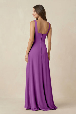 Square Neck A-Line Bridesmaid Dress With Slit in Amethyst - KissProm BRIDESMAID DRESSES
