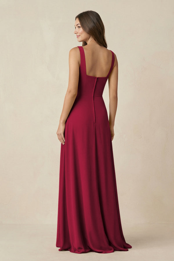 Square Neck A-Line Bridesmaid Dress With Slit in Berry - KissProm BRIDESMAID DRESSES