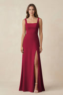 Square Neck A-Line Bridesmaid Dress With Slit in Berry - KissProm BRIDESMAID DRESSES