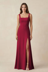 Square Neck A-Line Bridesmaid Dress With Slit in Berry - KissProm BRIDESMAID DRESSES