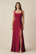 Square Neck A-Line Bridesmaid Dress With Slit in Berry - KissProm BRIDESMAID DRESSES