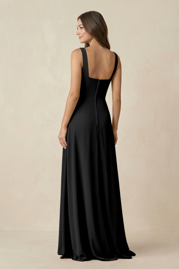 Square Neck A-Line Bridesmaid Dress With Slit in Black - KissProm BRIDESMAID DRESSES