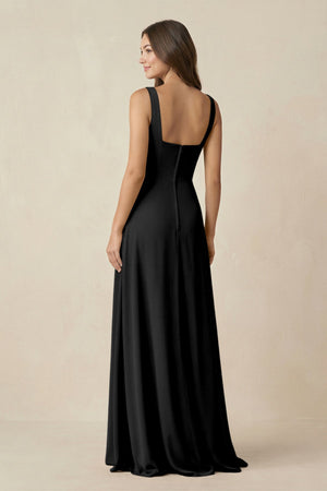 Square Neck A-Line Bridesmaid Dress With Slit in Black - KissProm BRIDESMAID DRESSES