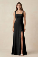 Square Neck A-Line Bridesmaid Dress With Slit in Black - KissProm BRIDESMAID DRESSES
