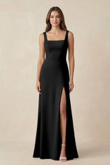 Square Neck A-Line Bridesmaid Dress With Slit in Black - KissProm BRIDESMAID DRESSES