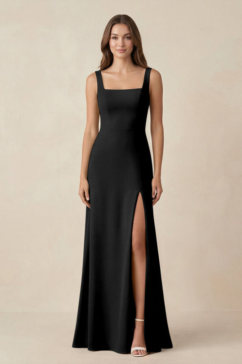 Square Neck A-Line Bridesmaid Dress With Slit in Black - KissProm BRIDESMAID DRESSES