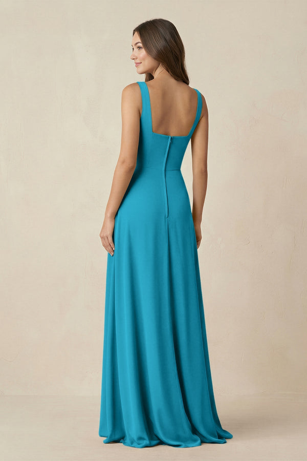 Square Neck A-Line Bridesmaid Dress With Slit in Blue Jay - KissProm BRIDESMAID DRESSES