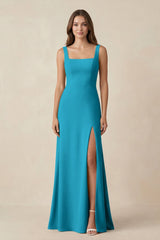 Square Neck A-Line Bridesmaid Dress With Slit in Blue Jay - KissProm BRIDESMAID DRESSES