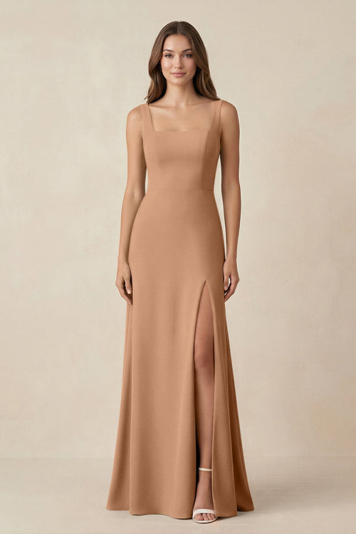 Square Neck A-Line Bridesmaid Dress With Slit in Bronzer - KissProm BRIDESMAID DRESSES