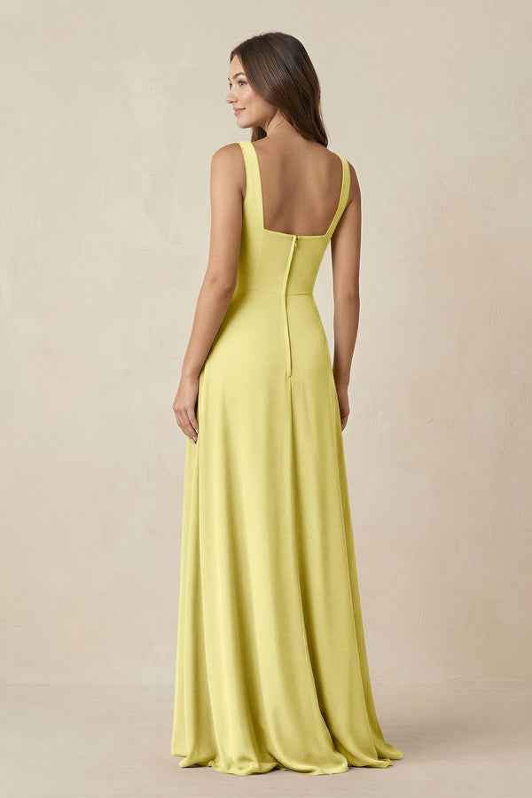 Square Neck A-Line Bridesmaid Dress With Slit in Buttercup - KissProm BRIDESMAID DRESSES