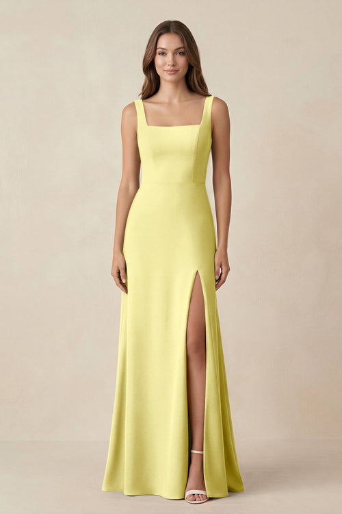 Square Neck A-Line Bridesmaid Dress With Slit in Buttercup - KissProm BRIDESMAID DRESSES