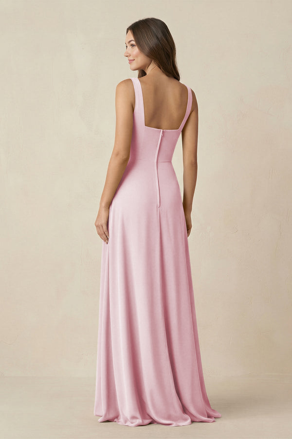 Square Neck A-Line Bridesmaid Dress With Slit in Candy Pink - KissProm BRIDESMAID DRESSES