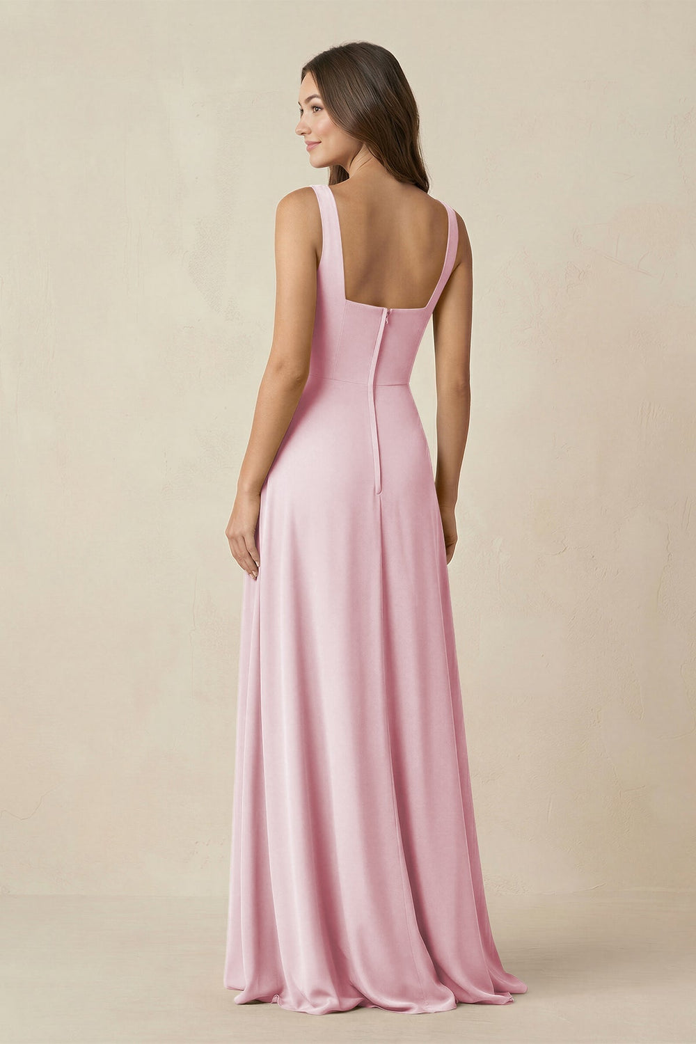 Square Neck A-Line Bridesmaid Dress With Slit in Candy Pink - KissProm BRIDESMAID DRESSES