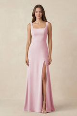 Square Neck A-Line Bridesmaid Dress With Slit in Candy Pink - KissProm BRIDESMAID DRESSES